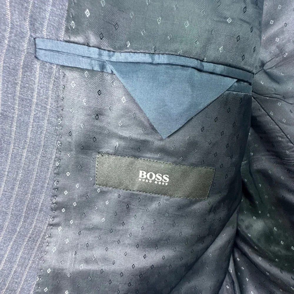 Hugo Boss Mens Pinstripe Suit Charcoal Grey Two Button Blazer Trousers 44R 38W